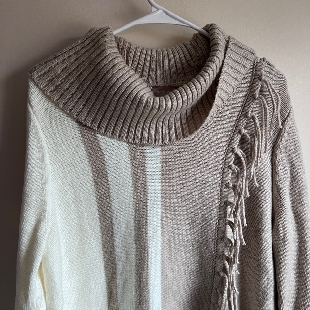 Chicos Tan Cream Colorblock Fringe Cowlneck Pullover Sweater - Picture 4 of 6